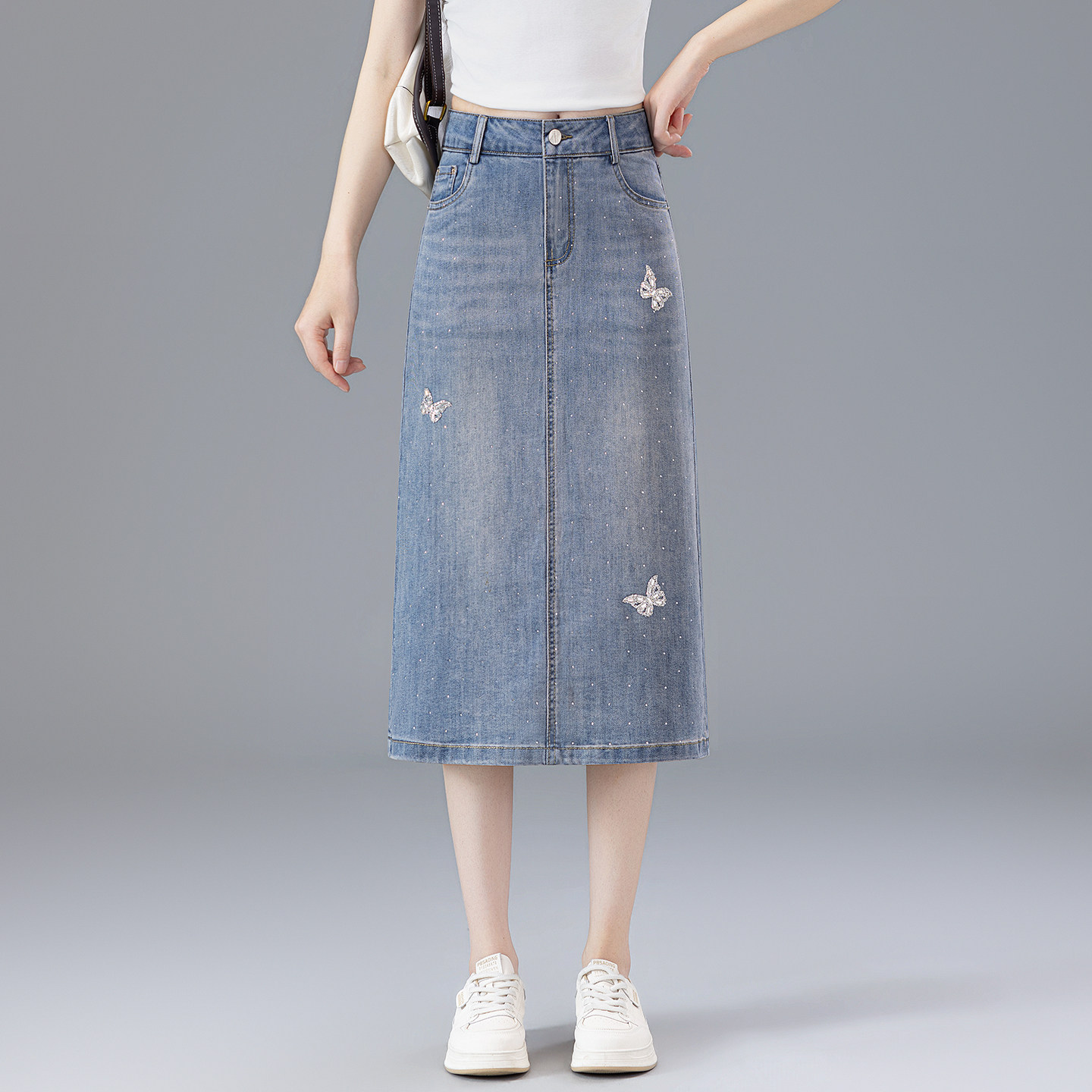 高腰蝴蝶刺绣牛仔半身裙2026女夏季薄款开叉显瘦中长款a字包臀裙