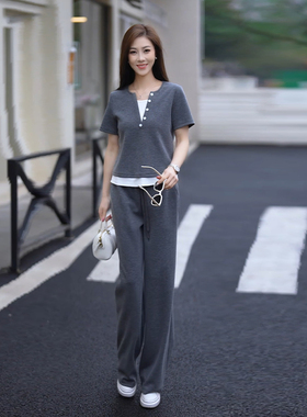 灰色休闲运动套装女夏季减龄显瘦拼接V领正肩上衣阔腿裤两件套潮