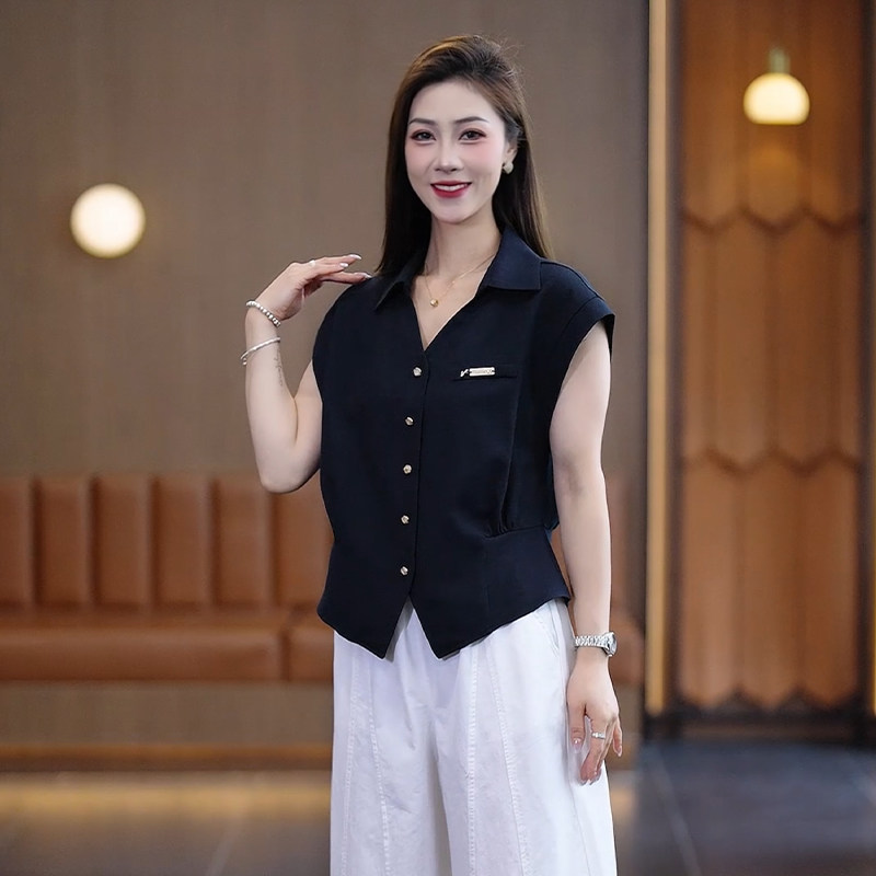 翻领无袖马甲衬衫女显瘦短款上衣
