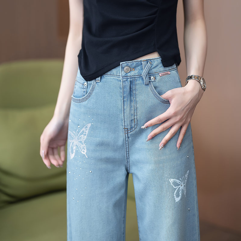 天丝牛仔阔腿女裤2024夏季新款高腰修身显瘦刺绣烫钻窄版直筒裤