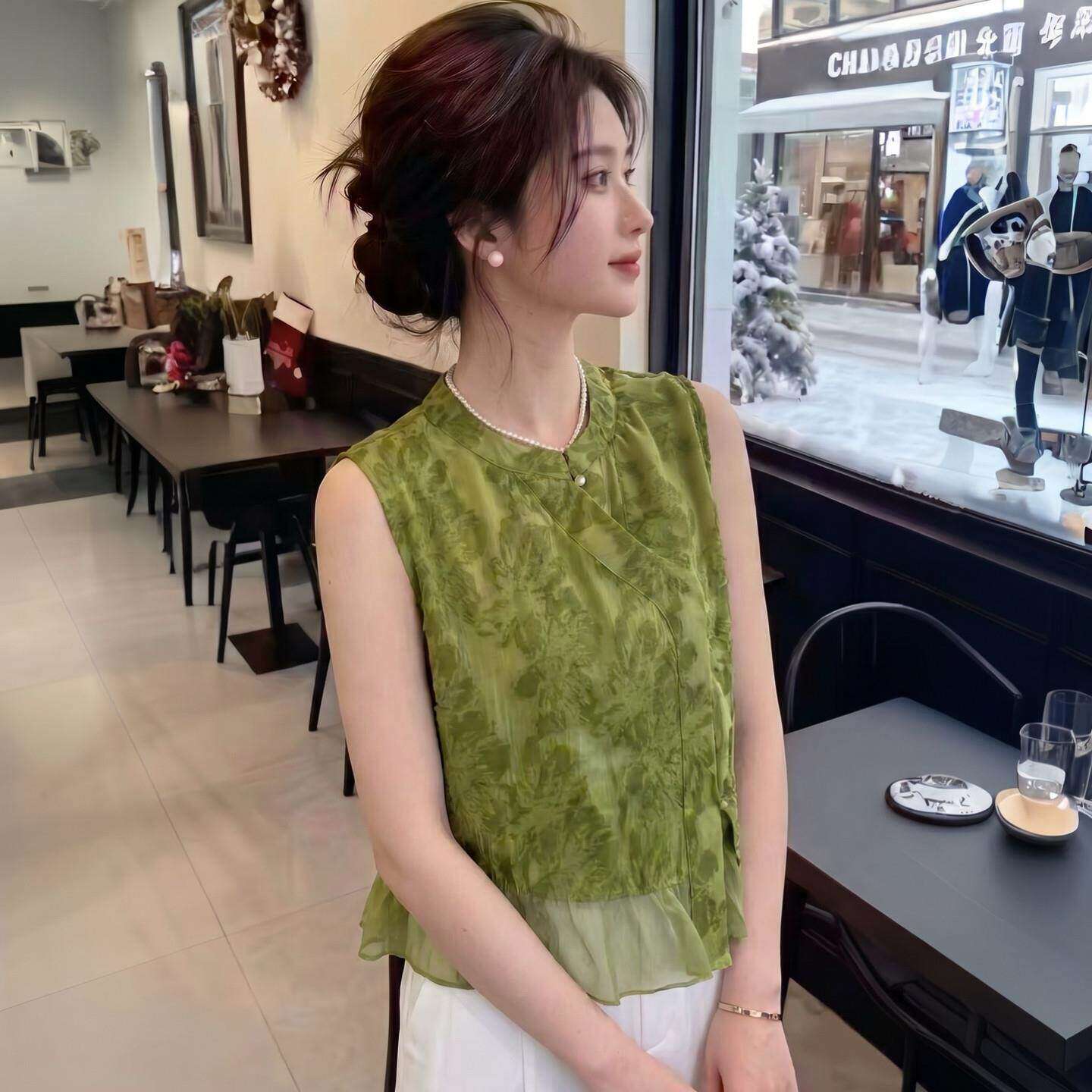 新中式提花无袖衬衫女2026夏季新款绿色盘扣荷叶边显瘦百搭上衣潮