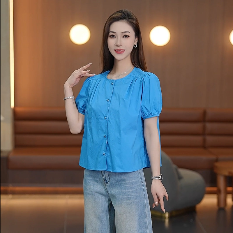 蓝泡泡袖棉衬衫女夏宽松气质短袖