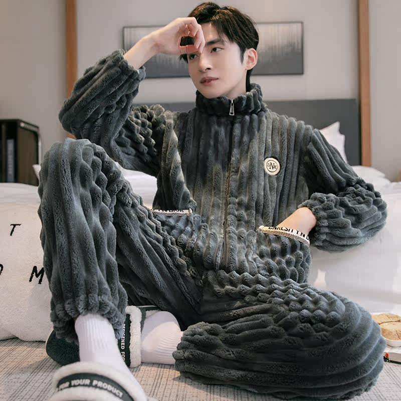睡衣男珊瑚绒秋冬季加厚加绒男士拉链保暖法兰绒男款可外穿家居服