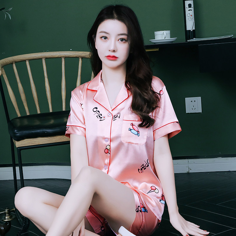 睡衣女2022年新款夏款冰丝丝绸女款睡衣套装大码宽松短袖家居服女