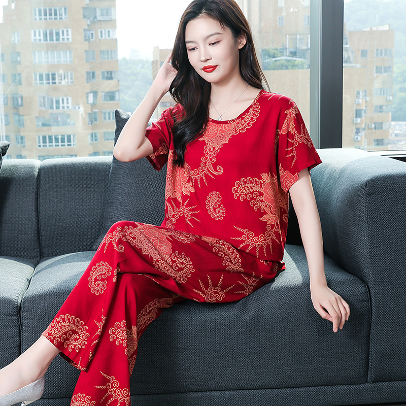 2025夏季新款棉绸短袖薄款女睡衣套装大码宽松夏天绵绸女士家居服