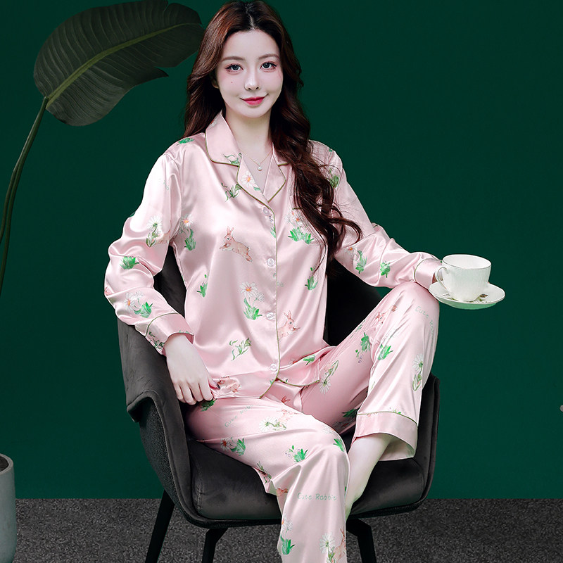 冰丝睡衣女春秋季长袖薄款女士套装宽松甜美丝绸女款可外穿家居服