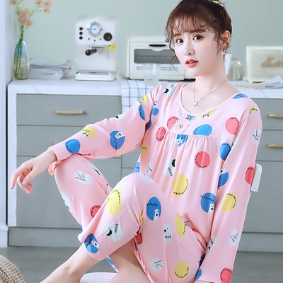 新品棉绸睡衣女夏季薄款长袖人造棉大码春秋甜美绵绸家居服两件套
