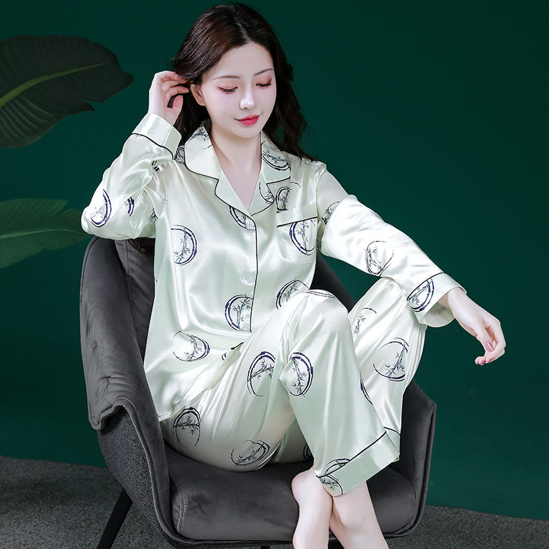 睡衣女款春装长袖薄款丝绸女士套装大码宽松春秋季冰丝简约家居服