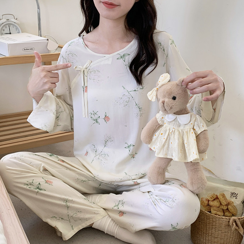 夏季女士棉绸睡衣中青年人棉长袖宽松套装春秋薄款甜美国风家居服