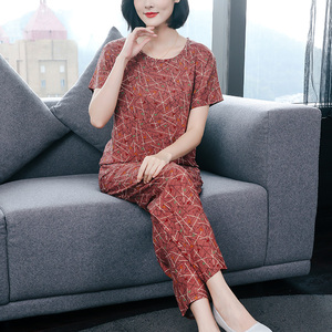 妈妈棉绸睡衣女2024年新款中老年人女士短袖人造棉绵绸家居服套装