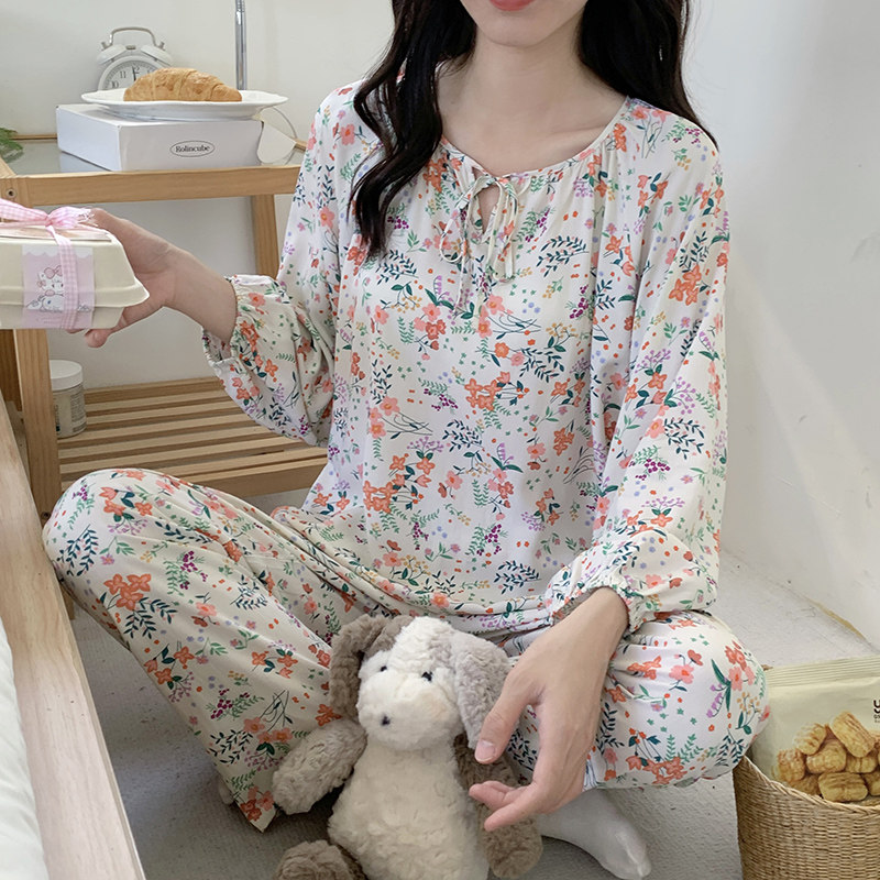 长袖薄款棉绸女士睡衣春夏季加大码女款人棉绵绸可外穿家居服套装