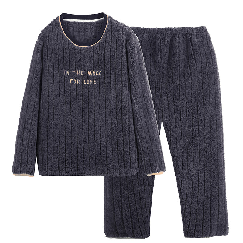 男士睡衣秋冬季加厚加绒珊瑚绒青中年冬款法兰绒可外穿家居服套装