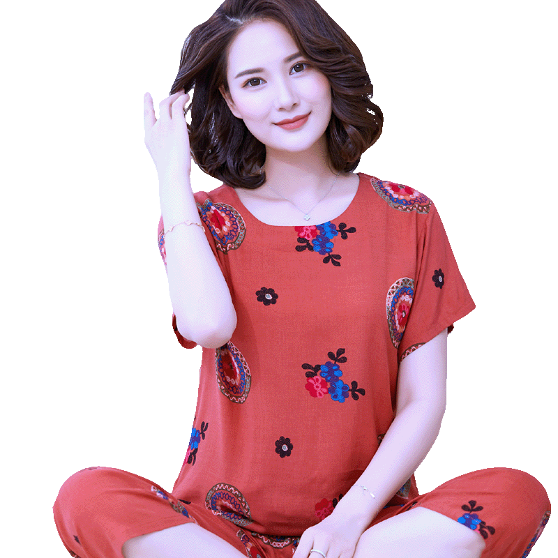 棉绸睡衣女夏天套装短袖两件