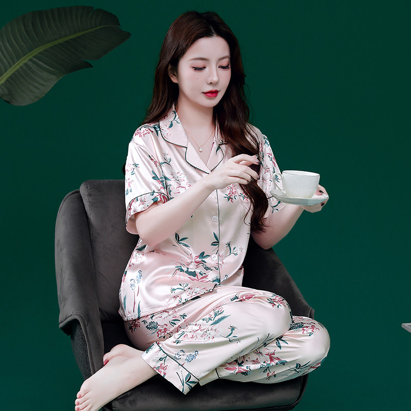 2026年新款冰丝女士睡衣套装清新印花女款夏天丝绸短袖薄款家居服