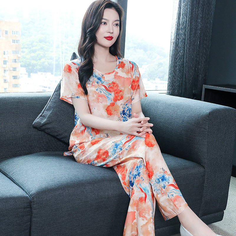 中老年女士夏季短袖棉绸睡衣套装