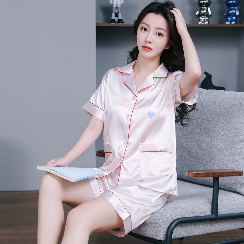 睡衣女夏季薄款冰丝短袖韩版休闲短裤丝绸女款大码开衫家居服套装