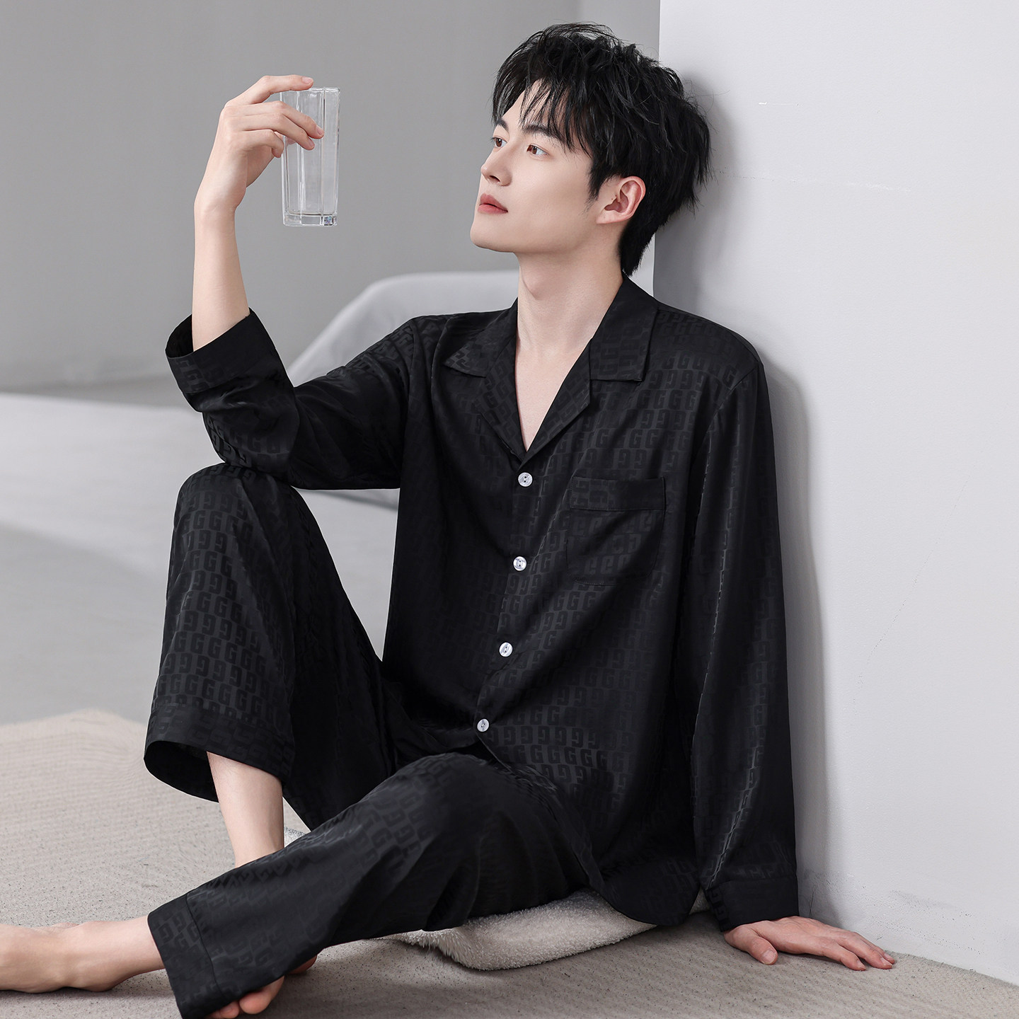 男士睡衣春夏季长袖长裤薄款冰丝套装大码宽松男款夏天丝绸家居服