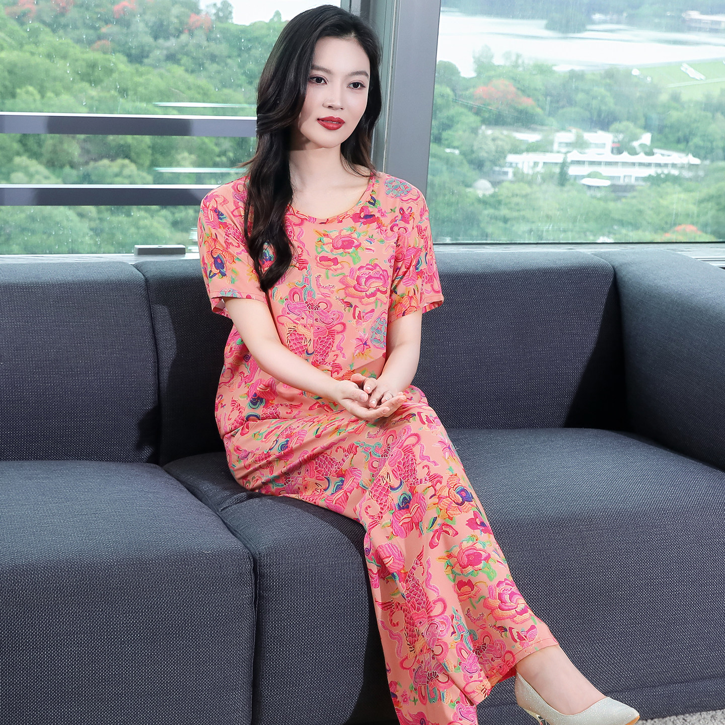 中老年棉绸睡衣女款夏季2026新款短袖套装透气大码绵绸妈妈家居服
