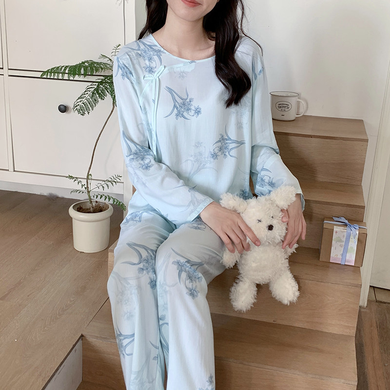 睡衣女春秋款棉绸中国风家居服可外穿中老年妈妈绵绸夏季睡衣套装