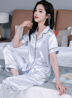 睡衣女夏季冰丝两件套薄款丝绸性感宽松开衫可外穿短袖妈妈家居服