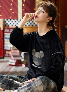 珊瑚绒睡衣女冬大码可爱加厚套装