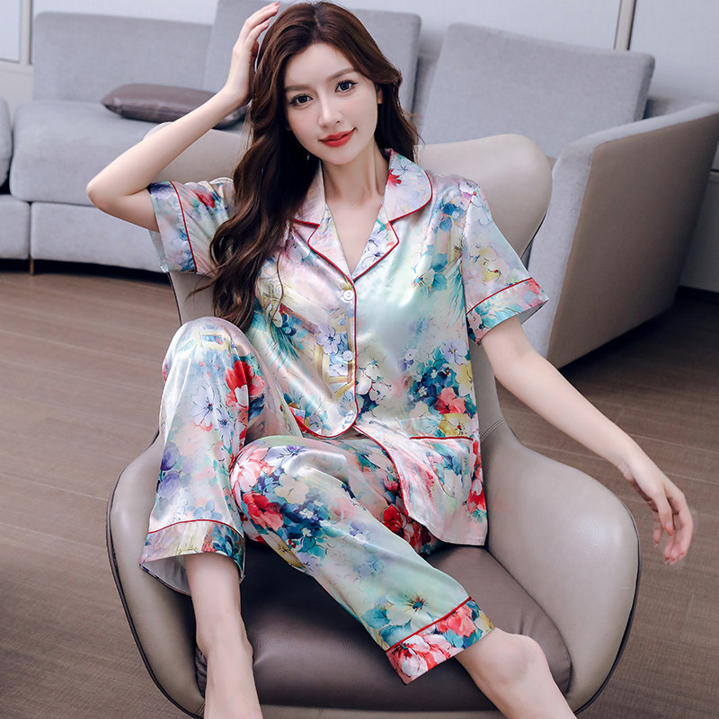 2026年新款冰丝女士睡衣套装短袖长裤开衫清新印花丝绸女款家居服