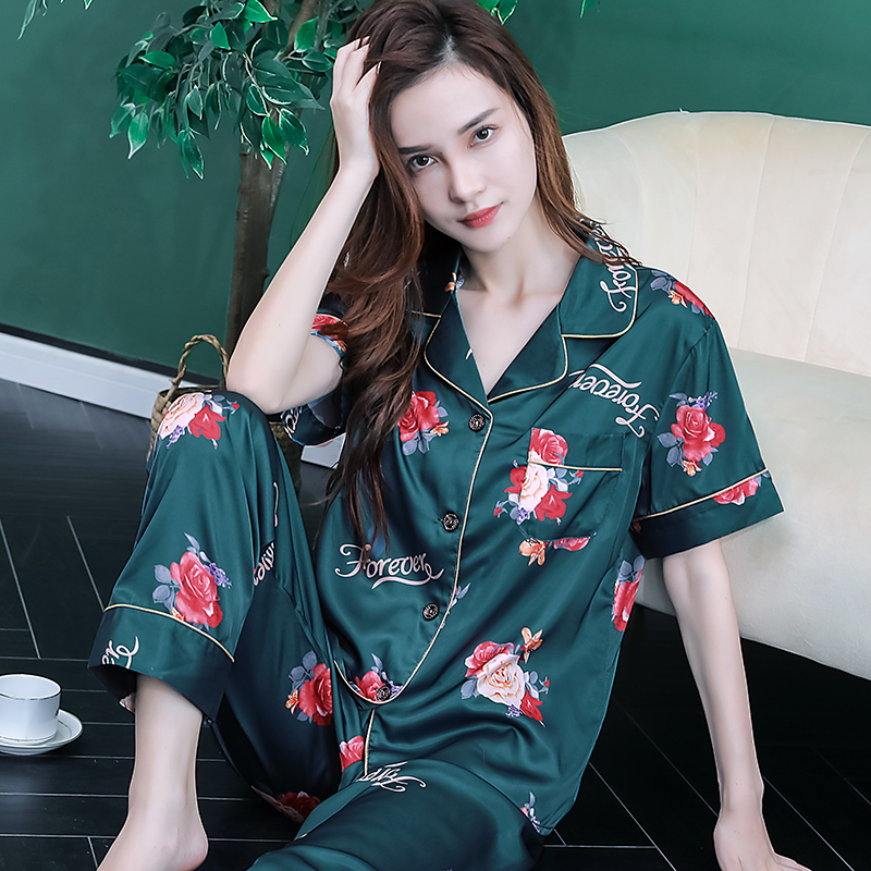 夏季女士睡衣家居服短袖长裤宽松冰丝丝绸薄款夏天可外穿两件套女