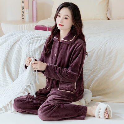 加厚珊瑚绒女士睡衣秋冬长袖保暖女款可外出法兰绒大码开衫家居服