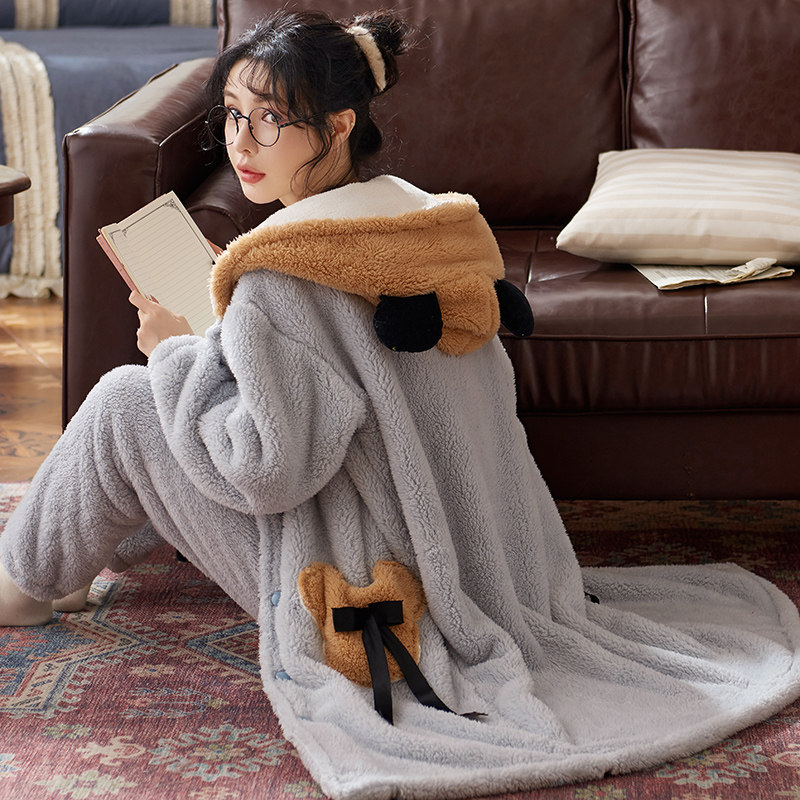 珊瑚绒连帽睡袍女秋冬新品加厚加绒法兰绒女款睡衣睡袍家居服套装
