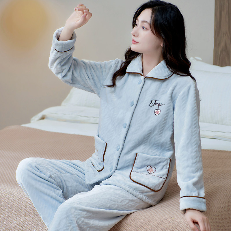 长袖加厚保暖珊瑚绒女士睡衣秋冬季开衫休闲法兰绒女款家居服套装