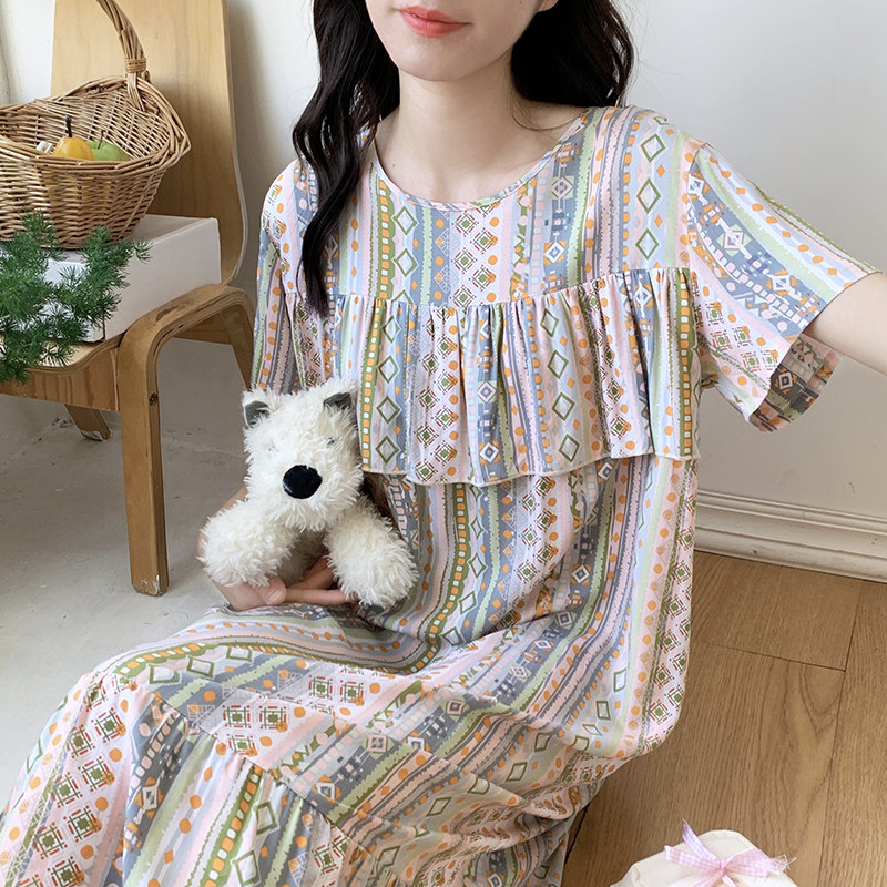 棉绸睡裙女夏季薄款绵绸睡衣大码宽松清新可爱印花可外穿家居裙女