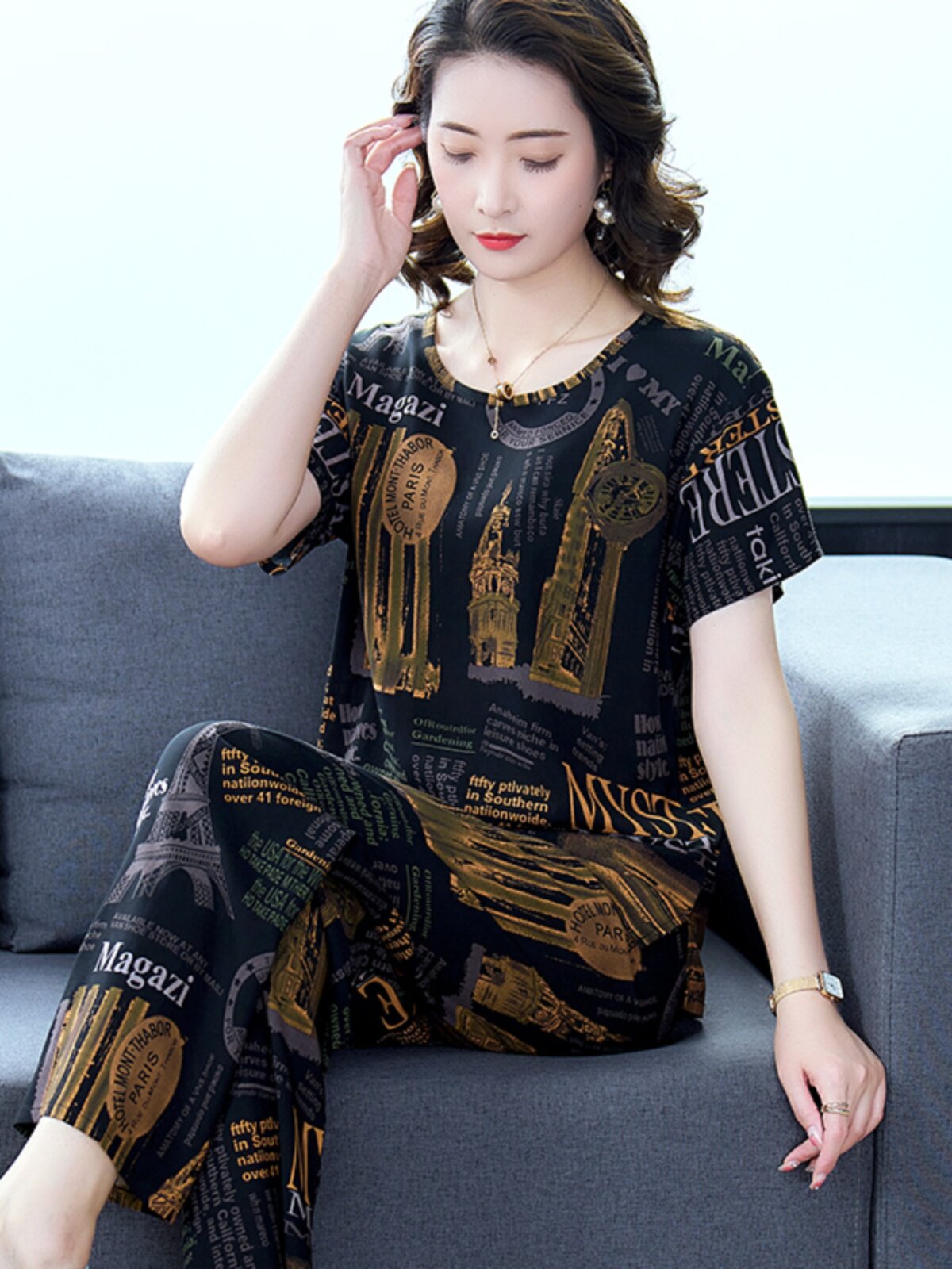 妈妈棉绸睡衣女夏季短袖薄款中老年妈妈人造棉大码可外穿家居服女