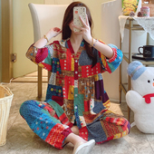 大码 人棉女款 宽松休闲甜美棉绸家居服两件套 七分袖 女士睡衣春夏季