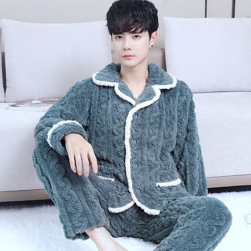 2026年新款加厚保暖珊瑚绒男士睡衣秋冬季保暖加绒法兰绒家居服男