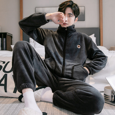 珊瑚绒秋冬季长袖加厚睡衣男