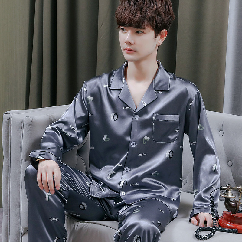 男士薄款冰丝丝绸春秋季宽松大码可外穿睡衣家居服休闲男款两件套