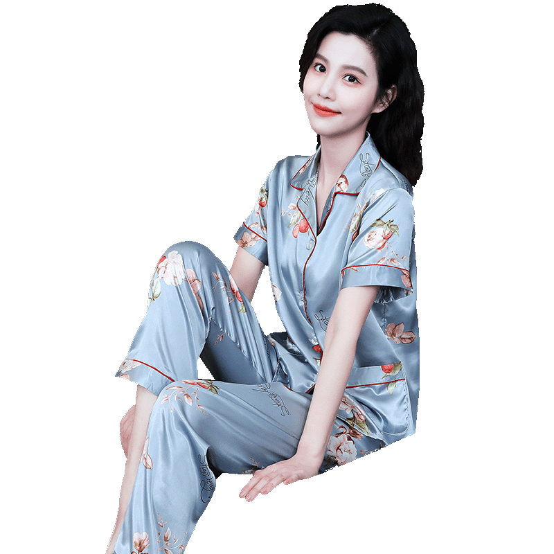 睡衣女夏季冰丝短袖长裤家居服
