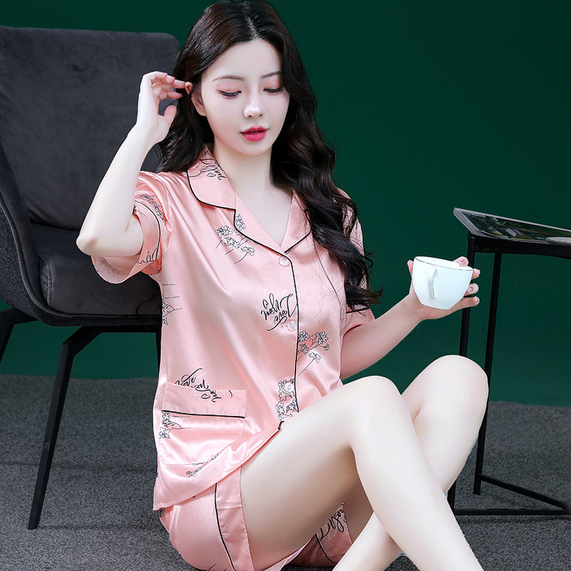夏季女款睡衣短袖薄款冰丝丝绸女士夏天宽松甜美高级感家居服套装
