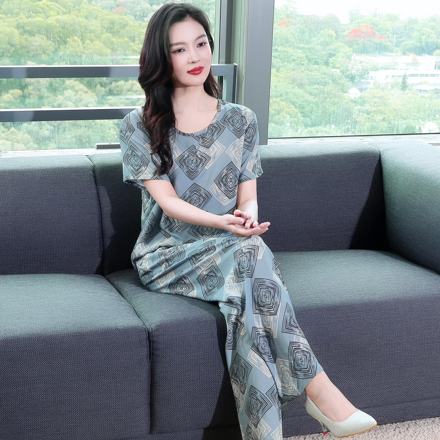 中老年女夏季棉绸短袖家居服套装
