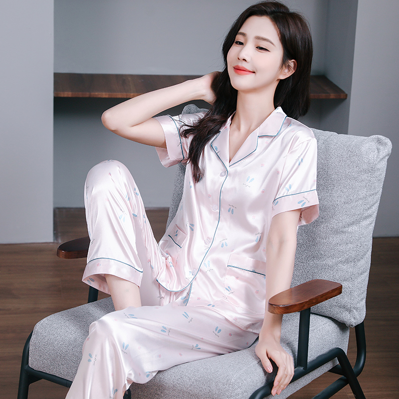 冰丝睡衣女春秋款夏季短袖开衫薄款家居服夏天丝绸套装2025新款女