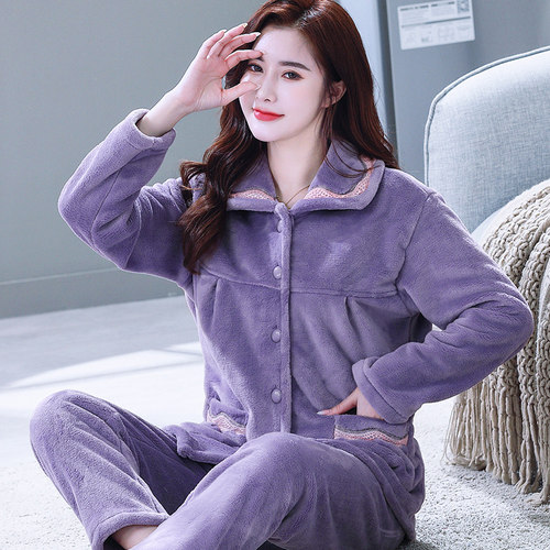 秋冬季保暖中老年法兰绒睡衣女