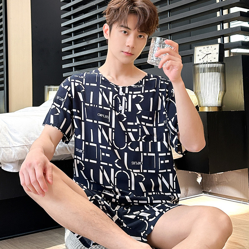 夏季新款棉绸睡衣男士套装短袖短裤大码宽松休闲家居服棉绸两件套