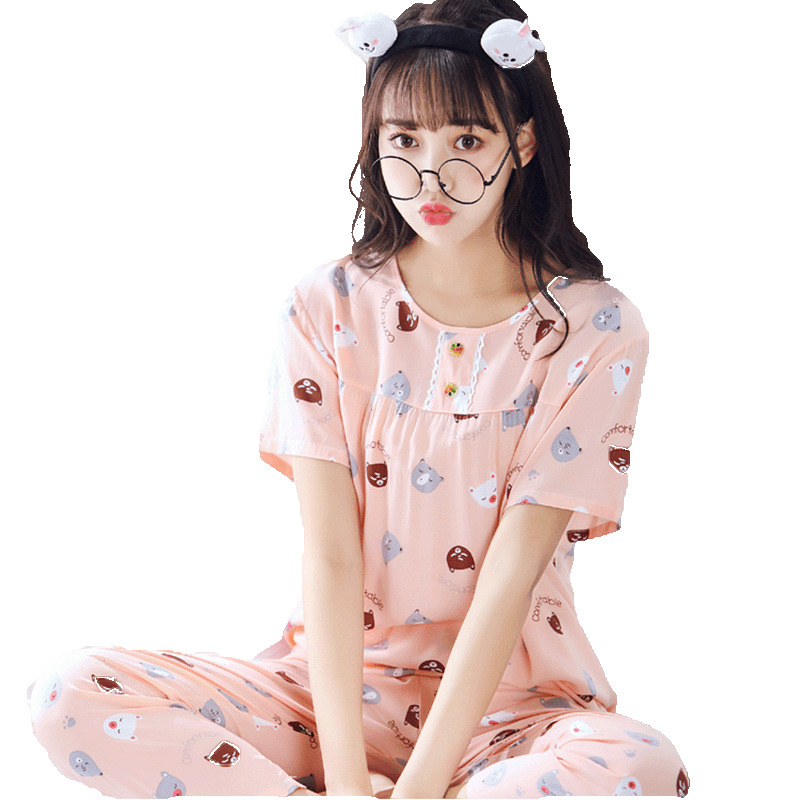 春秋棉绸睡衣女夏季卡通可爱短袖