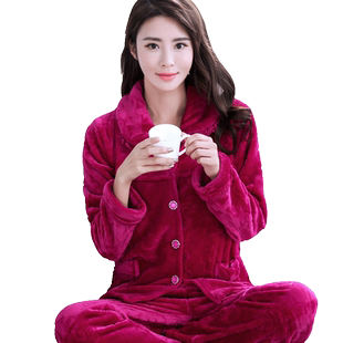 秋冬季加厚法兰绒睡衣女人套装长袖珊瑚绒大码中老年妈妈装家居服