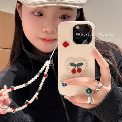 爱心刺绣樱桃适用iPhone16promax