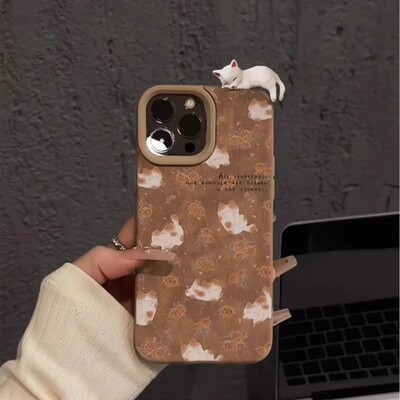 韩系皮革立体趴趴猫咪适用iPhone