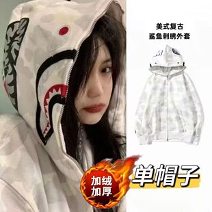 爆款加绒加厚外套双帽鲨鱼外套男女情侣新款连帽外穿拉链外套学生