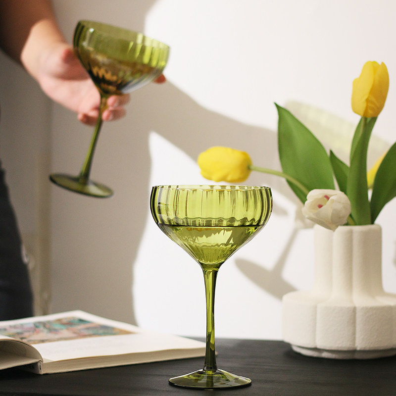法式复古绿波棱红酒杯中古玻璃酒杯条纹高脚杯子玛格丽特鸡尾酒杯