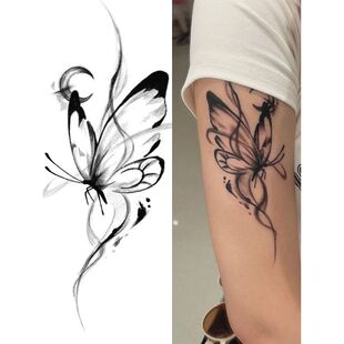 国风个性水墨月蝴蝶纹身贴女防水持久小众高级感可水洗不反光