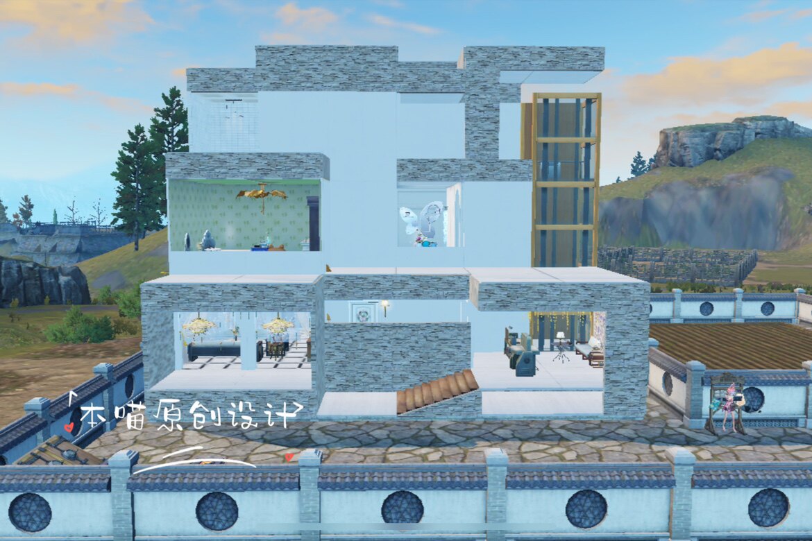 本喵原创设计《电梯现代别墅》明日之后庄园房屋蓝图代建内饰设计